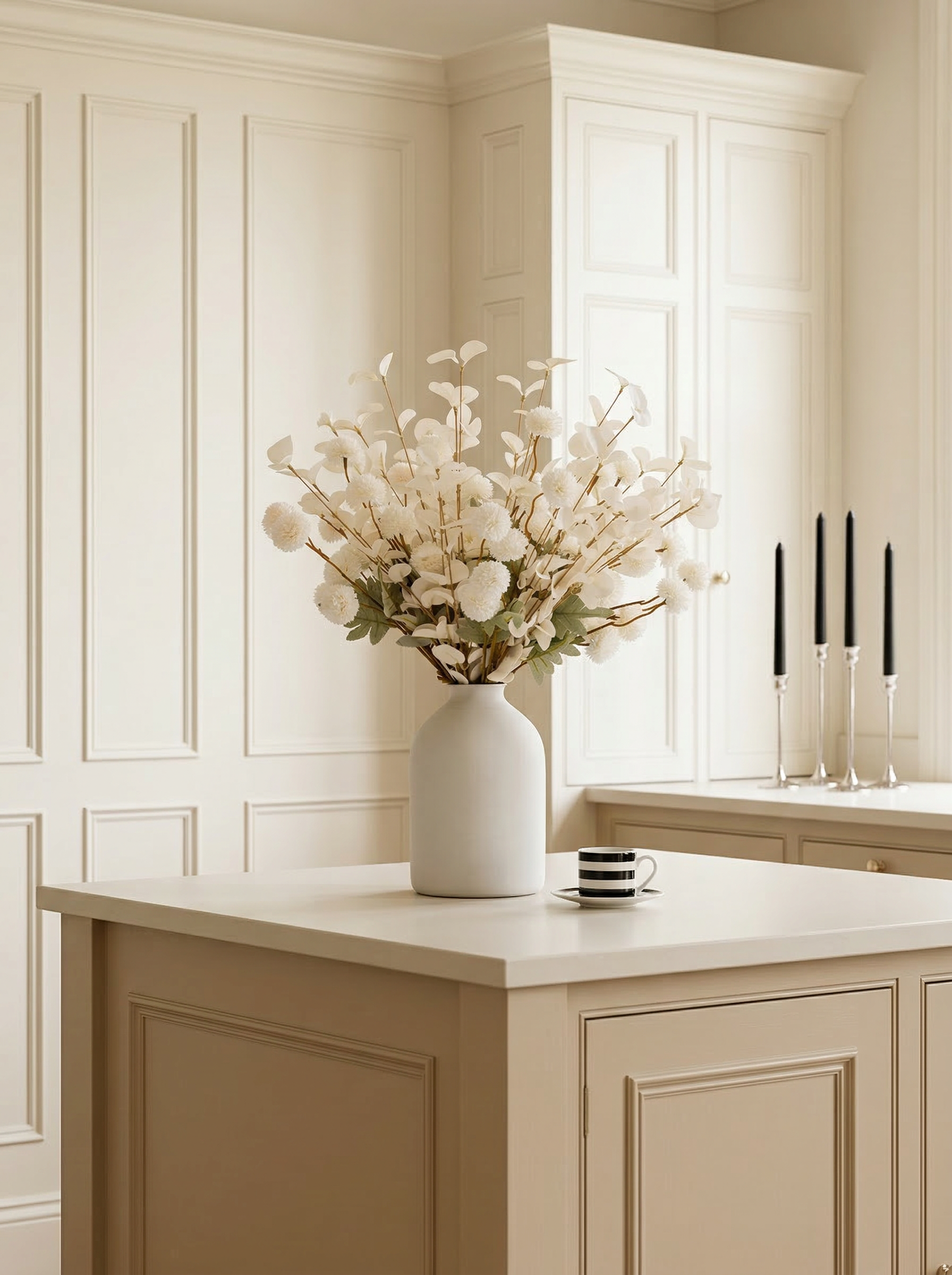 White vase with flowers on a kitchen counter with light-colored cabinets.